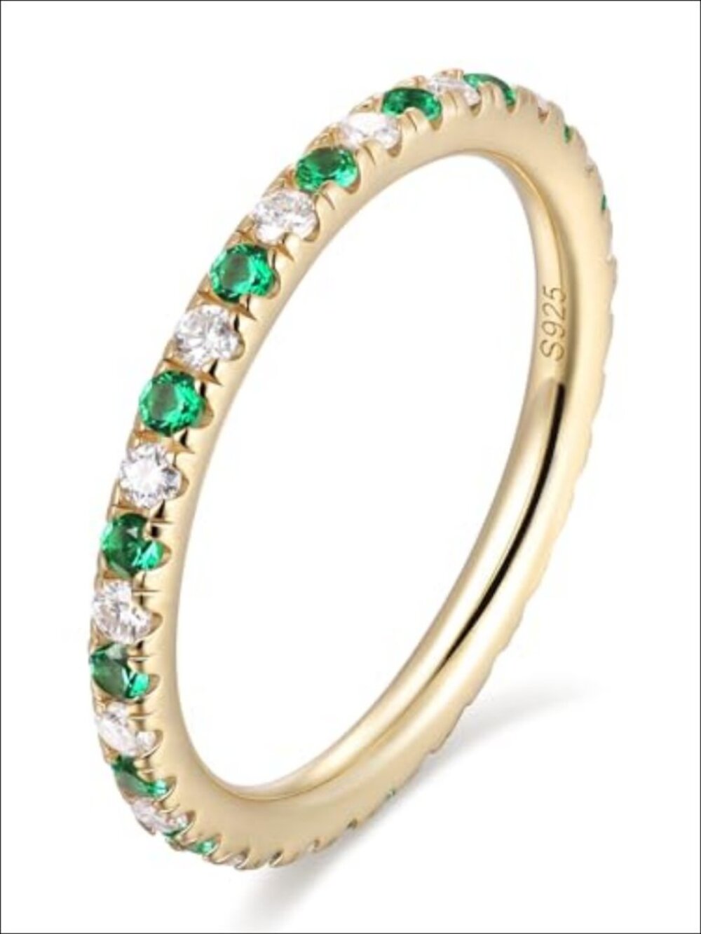 Genuine Emerald & Moissanite Eternity Ring 925 Sterling Silver Yellow Gold